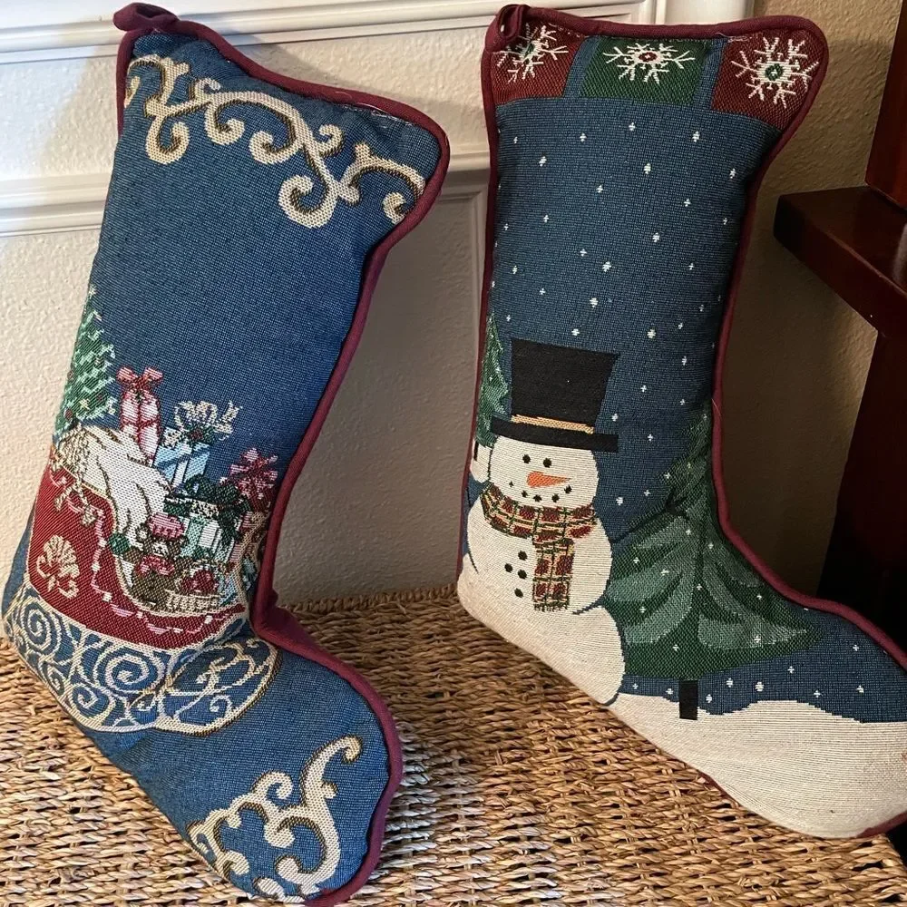 Vintage Tapestry Stocking Pillows Snowman Themed set of 2!